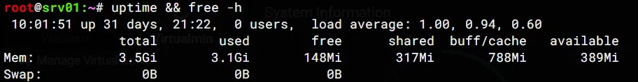 Swap eklenmeden önce free -h çıktısı: 3.5Gi RAM, 3.1Gi kullanımda, yalnızca 148Mi boş, swap 0B