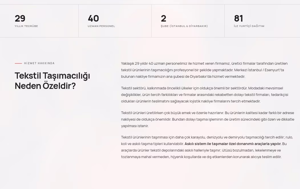 Tekstil taşımacılığı hizmet sayfası